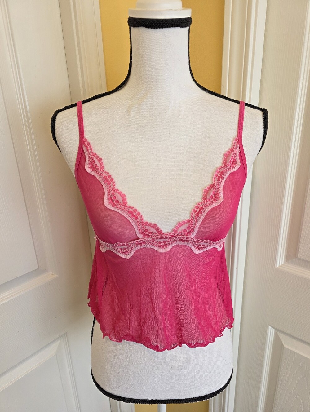 PLAYBOY PINK NYLON LACE CAMI TOP, SIZE L